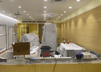 Interior construction site with covered equipment, tools, and materials. The space has yellow walls and a sign that reads "GOOD FOR YOU. PROBABLY" in the background. Ceiling lights are on.